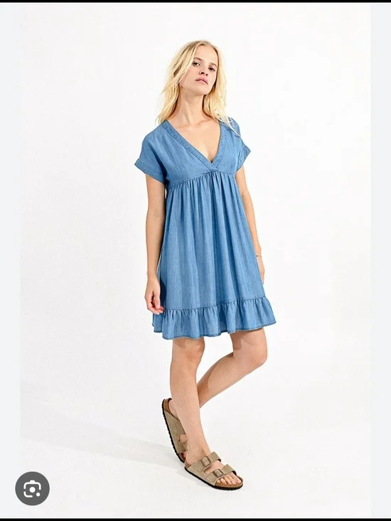 NWT Molly Bracken Denim Light Blue Flared Chambray Mini Dress Sz XL Coquette - Picture 1 of 16